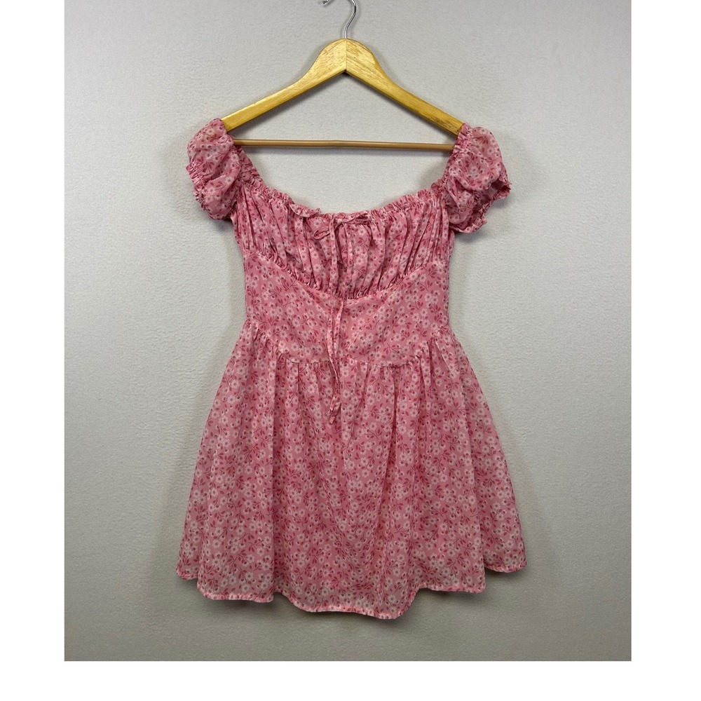 Cottagecore Tiger Mist Womens XS Pink Floral‎ Milkmaid Puff Sleeve Mini Dress